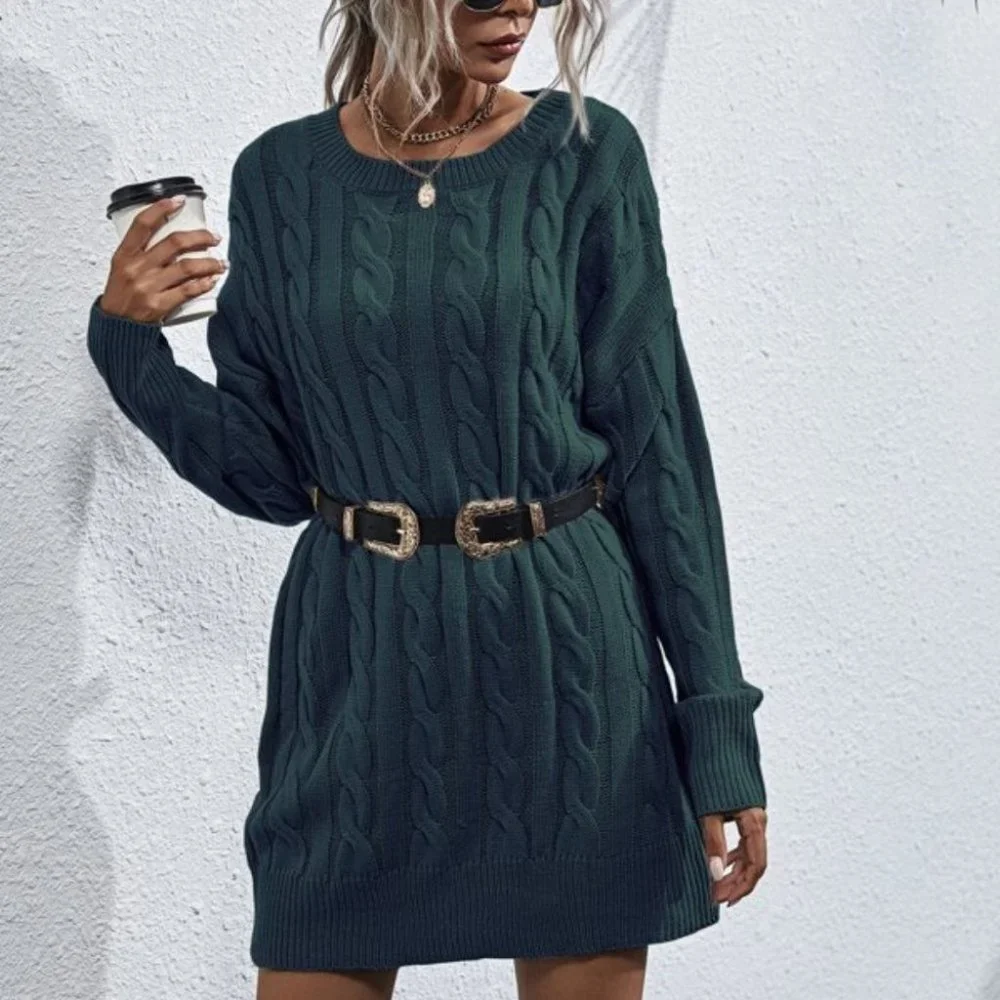 teal oversized chunky knit cable sweater dress - Picture 6 of 6